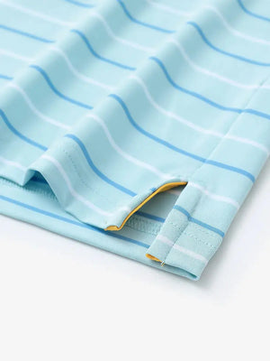 Hem detail of trendy boys stripe polo shirts, fine finish with subtle iced aqua stripe touch