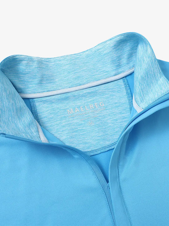 Close-up of collar and interior logo detail on AQUARIUS Stretch Solid Fleece Quarter-Zip Vest.								
