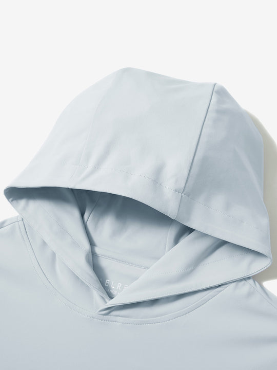 Hood detail of the misty grey dry fit stretchy sweatshirts hoodie, showing smooth fabric and neat seams.