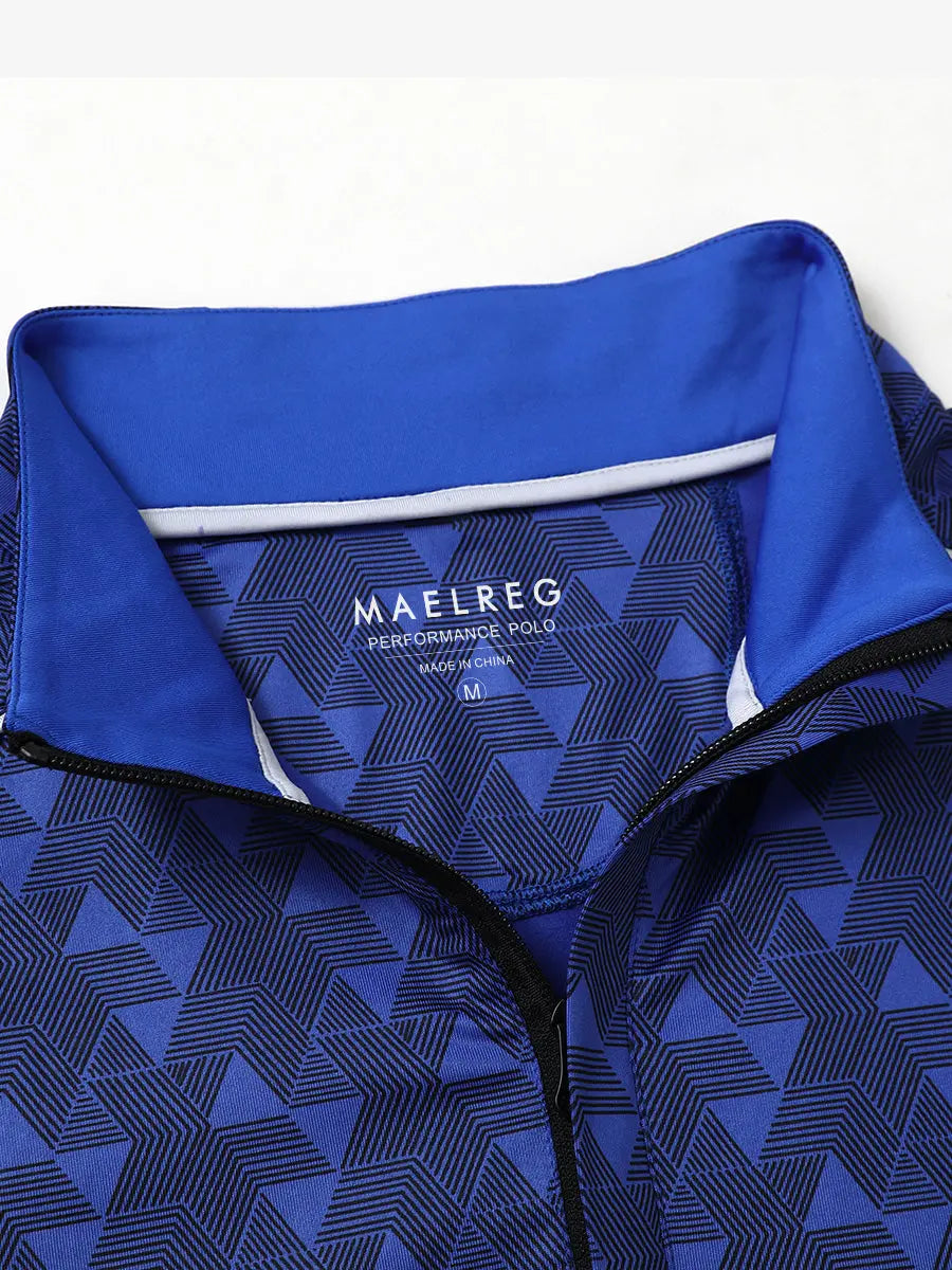 Close-up of collar and interior logo detail on MARINA BLUE GEO Stretch Solid Fleece Quarter-Zip Vest.								
