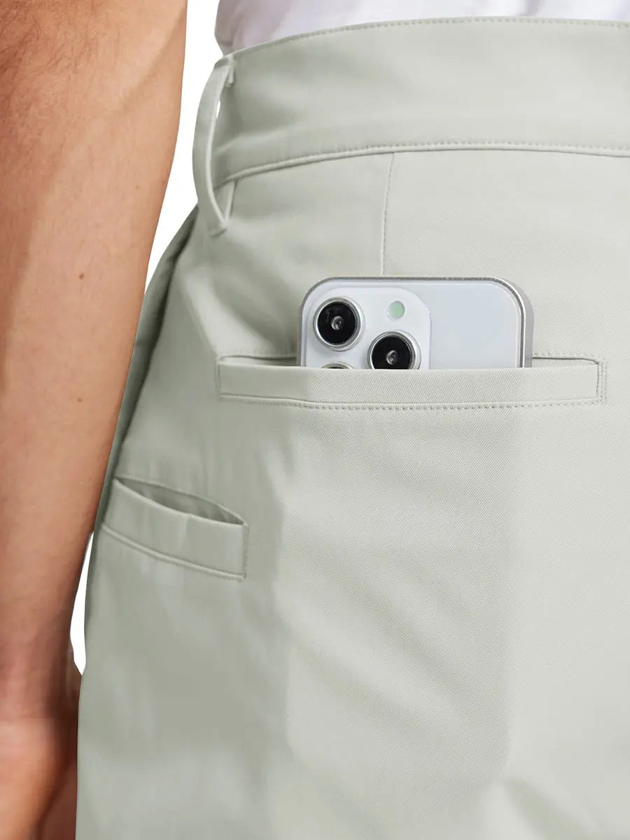 Back pocket detail of Water Repellent 8 Pockets Pants in SILVER GREY，showing fabric texture and fit.，showcasing pocket functionality.