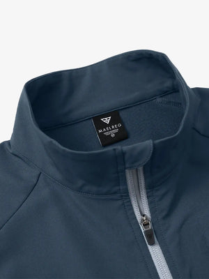 Detail view of the misty blue windproof golf vest, focusing on the collar design and zipper closure.