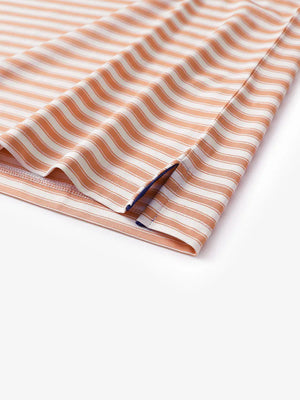 Close-up of hem slit detail on Orange Dark Blue Yarn Dyed Stripe Polo