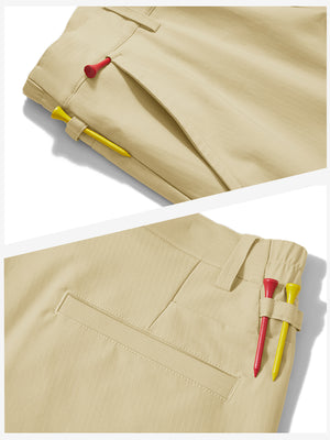 Waistband detail of lightweight flat front casual trousers in khaki, showing clean stitching.