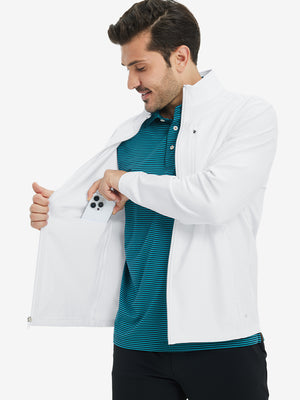 Close-up of hand in pocket on lightweight casual fleece jacket with 5 pockets, white fabric detail