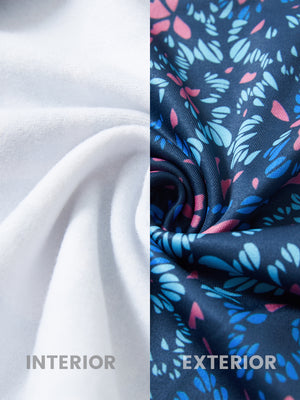 Close-up of the inner and outer fabric of youth full print stylish hoodies pullover in navy colorful flower, showing texture and finish