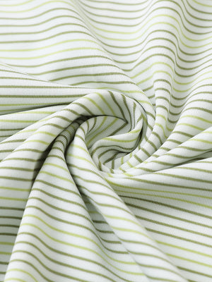 Close-up fabric detail of performance stripe golf shirts, breathable texture with soft olive green grass green finish