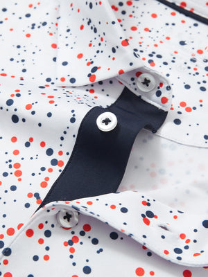 Detail shot of the collar on the white polka dots 4 way stretch print collared polo shirt, emphasizing the classic neckline design