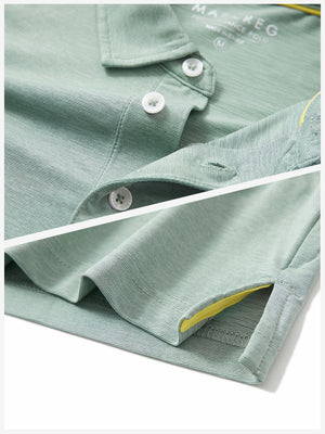 Detail shot of collar and hem of grey green ultra-light quick dry moisture wicking collared polo shirt
