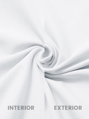 Close-up of inside and outside fabric of lightweight casual fleece jacket with 5 pockets in white.