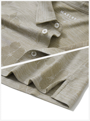 Detail shot of collar and hem of kakhi flower breathable jacquard pattern 3-button golf polo