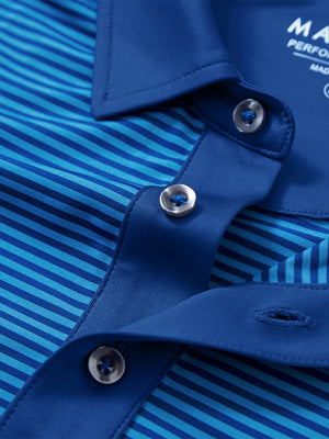 Detail: collar opening of cobalt stripe  upgraded two-tone striped quick dry polo shirt