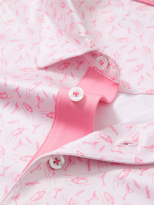 Detail shot of the collar on the pink wine glass 4 way stretch print collared polo shirt, emphasizing the classic neckline design