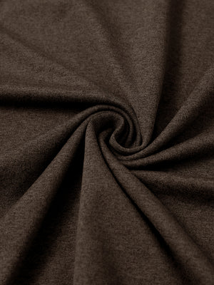 Close-up of fabric on men's long sleeve mock turtleneck shirt, soft knit texture with subtle stretch in brown