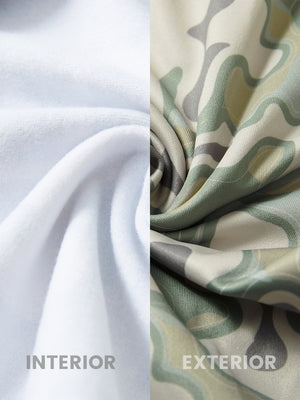 Close-up of the inner and outer fabric of youth full print stylish hoodies pullover in beryl green camo, showing texture and finish