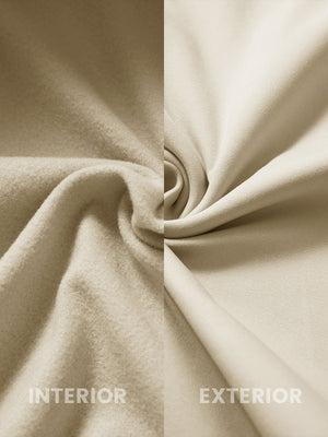 Inside and outer fabric close-up of light khaki youth winter micro-fleece quarter zip pullover, soft fleece.