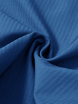 Close-up of fabric on lightweight flat front casual trousers, highlighting texture and finish in colony blue.
