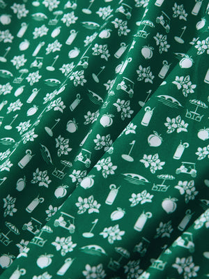 Macro view of the golf vacation 4 way stretch print collared polo shirt fabric, showcasing the unique print design
