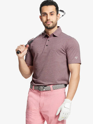Front half-body shot of model holding golf club wearing Ventilated Heather Jacquard Polo – DUSTY ROSE HEATHER