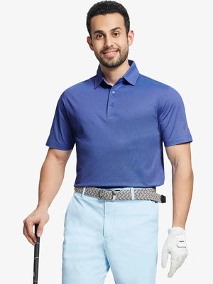 Half-body front view with golf club in hand, styled in PLUM BLUE Performance Ananas Jacquard Polo