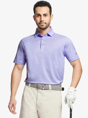 Model front half-body holding golf club in LAVENDER Performance Ananas Jacquard Polo