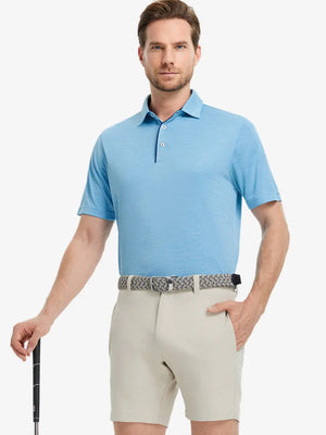 Model in Modern Fit Melange Polo AQUA HEATHER, front half-body holding golf club confidently.