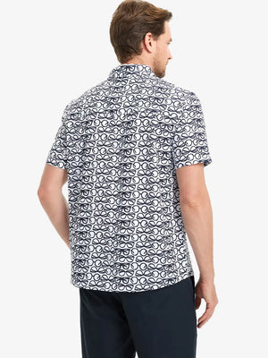 Back half-body view wearing BLACK WHITE GLASSES Stylish Printing Summer Shirt.