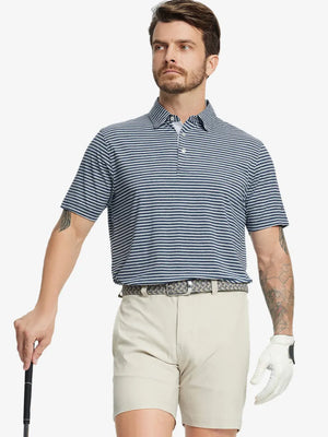 Front half-body shot of model holding golf club, wearing Sport Fit Stripe Polo in Dark Blue Stripe