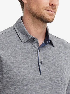Close-up of Modern Fit Melange Polo front (nose to chest) in GREY HEATHER, showing subtle melange texture.