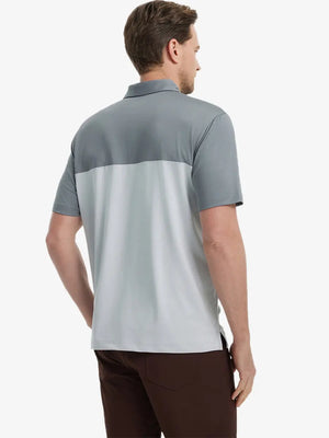 Back half-body view wearing GREYGLACIER GREY Premium Performance Polo
