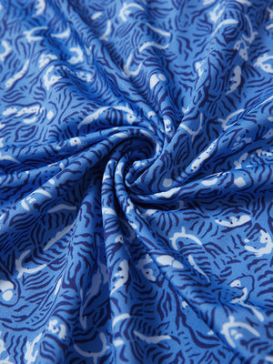 Close-up fabric detail of lightweight print long sleeve polo, breathable texture and soft feel in line animal