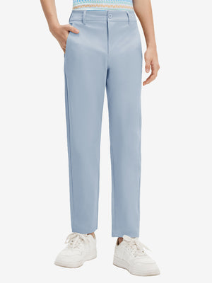 Front lower body shot of model wearing the sky blue youth water resistant cotton blend golf pants, showcasing a relaxed fit