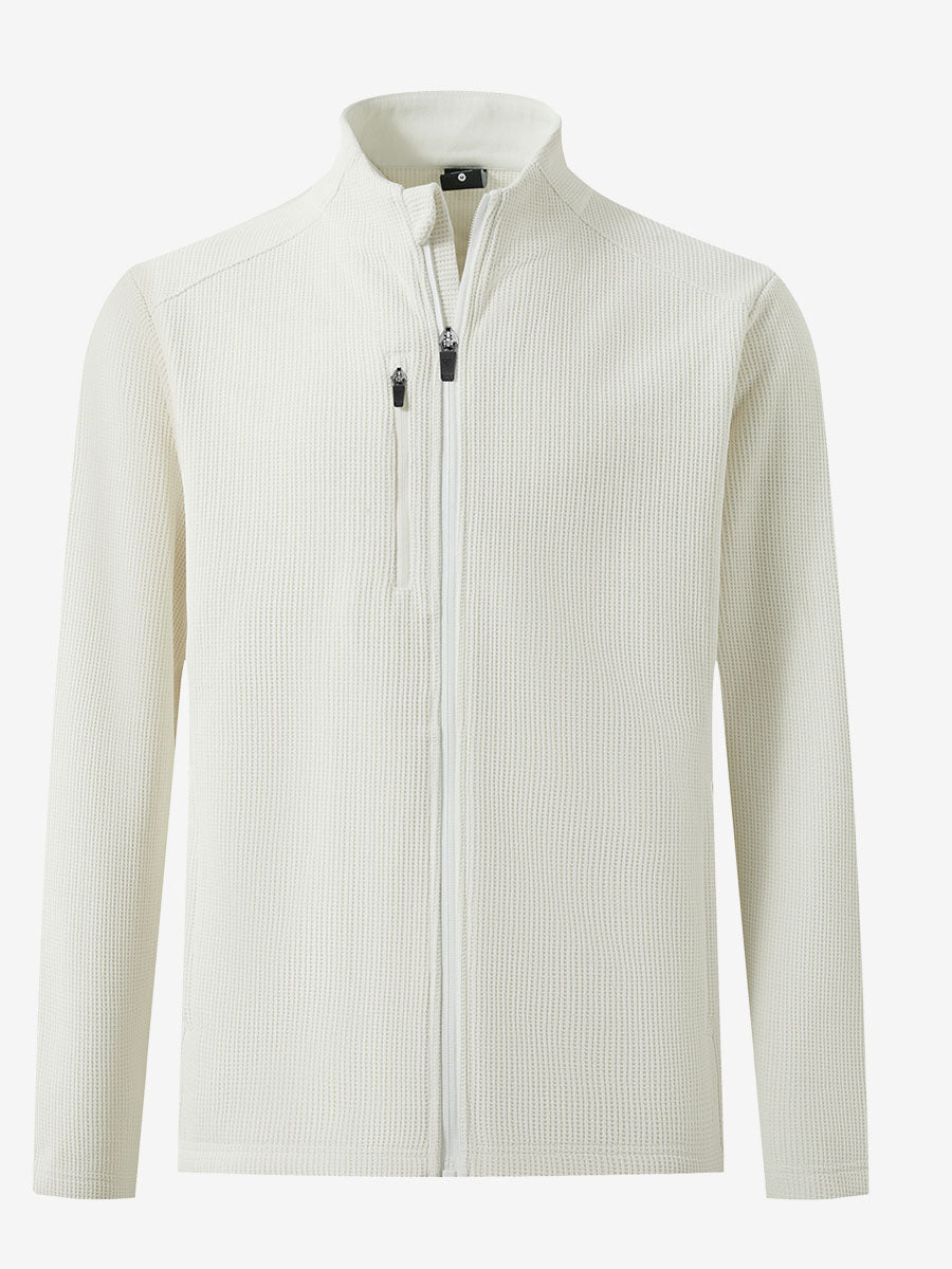 3D front view of textured insulated winter jacket showing insulated layers and sleek design, beige.