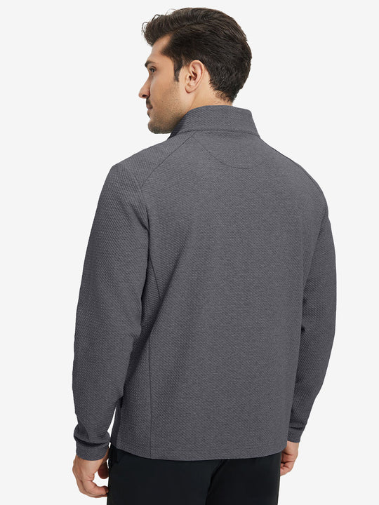 Back upper body view of model wearing textured insulated winter jacket, smooth finish, grey heather.