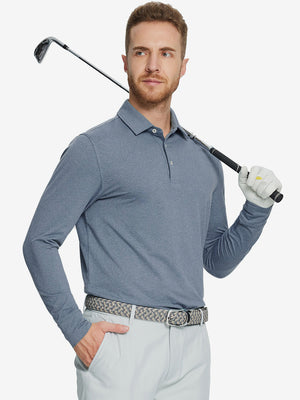 Model holding golf club wearing Skin-friendly long sleeve melange polo in clean demin blue heather