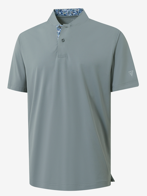 3D render of grey Moisture-Wicking Short Sleeve Henley Shirt.