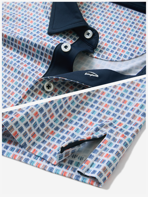 Detail: collar and hem slit of colorful vertical stripe lightweight stretch upgraded print golf polo shirts