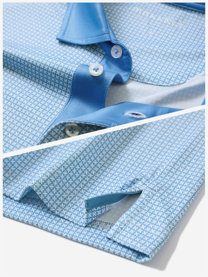 Detail: collar and hem slit of light blue geo lightweight stretch upgraded print golf polo shirts