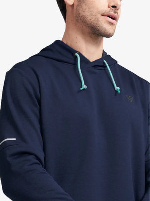 Front view from nose to chest of model wearing Classic Heather Fleece Hoodie in Navy Heather