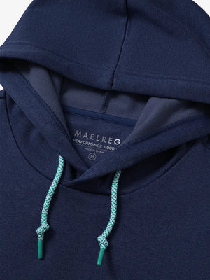 Detail of hoodie’s drawstring and hood design in Navy Heather tone