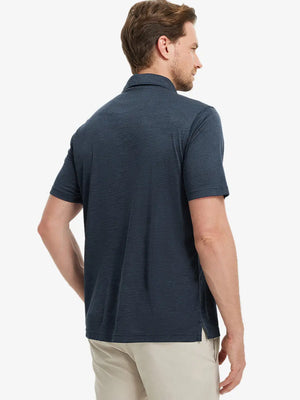 Rear half-body view of Modern Fit Melange Polo in NAVY HEATHER, showing clean fit and fabric details.