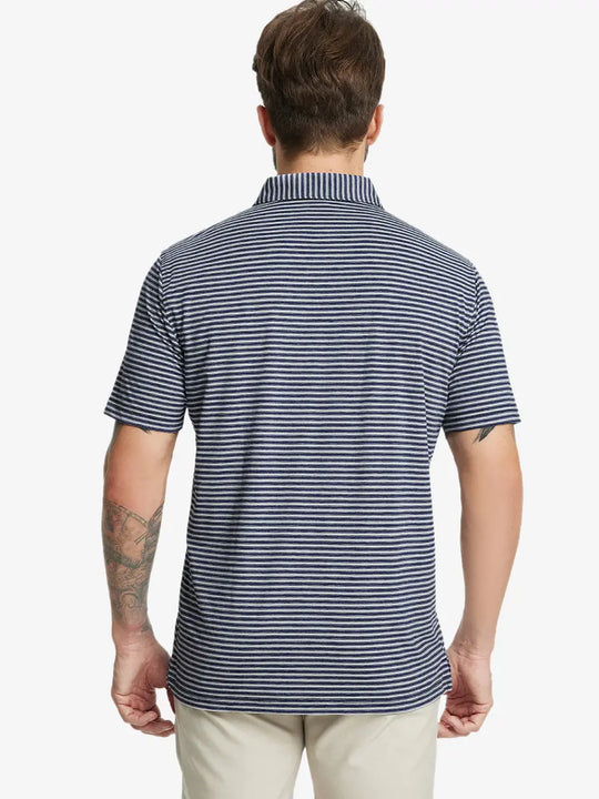 Back half-body shot of model showcasing the back of Sport Fit Stripe Polo in Navy Stripe