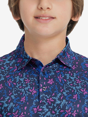 Collar close-up of Stylish print boys polo shirts with neat stitching in navy colorful flower