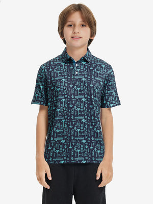 Front half-body shot of youth in navy ocean beach performance print boys golf polo, highlighting design and fit