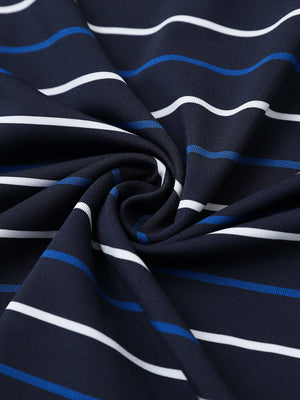 Fabric detail of kids stylish stripe polo shirts, soft striped weave with navy stripe accent