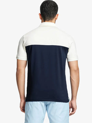 Back half-body view wearing NAVY Premium Performance Polo