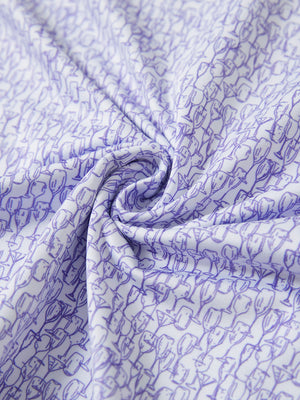 Close-up fabric detail of lightweight print long sleeve polo, breathable texture and soft feel in purple wine glass
