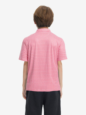 Back half-body view of youth wearing red lobster performance print boys golf polo, showing rear design