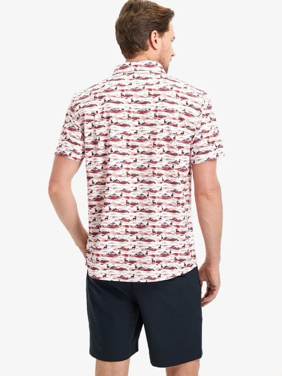 Back half-body view wearing SUNSET ELK Stylish Printing Summer Shirt.