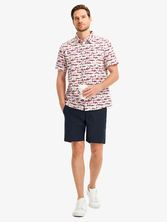 Full-body front view holding a takeaway drink cup, wearing SUNSET ELK Stylish Printing Summer Shirt.